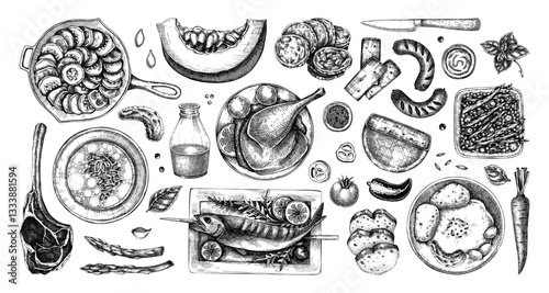 Farm food hand-drawn vector illustrations. Rustic kitchen engraved style sketches. NOT AI generated.