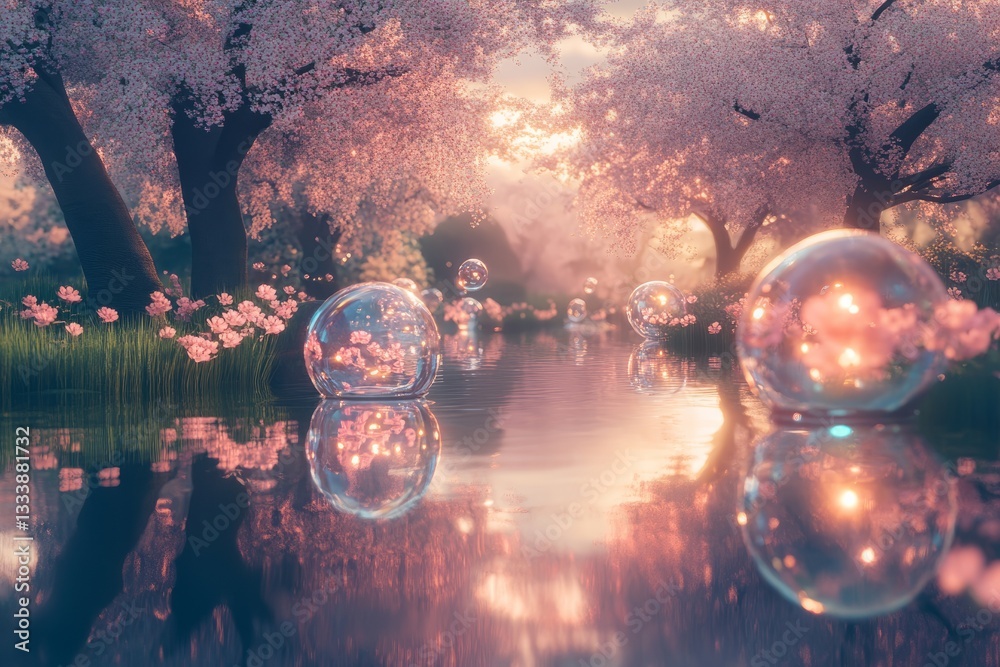 Serene cherry blossom park with shimmering bubbles reflecting sunset light on tranquil water