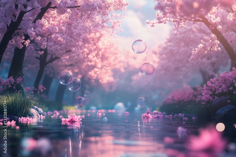Cherry blossom trees surround a serene pond with floating bubbles on a calm spring morning