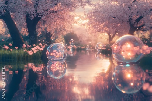 Obraz na płótnie Serene cherry blossom park with shimmering bubbles reflecting sunset light on tranquil water w salonie