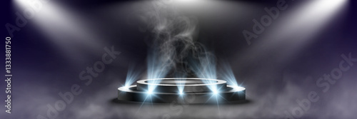 Illuminated podium with spotlights and smoke dark background for award, event, or presentation.	
