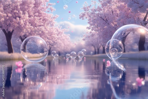 Obraz na płótnie Cherry blossoms reflect in calm water surrounded by floating bubbles and petals in a serene landscape during springtime w salonie