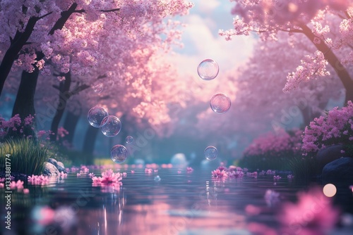 Obraz na płótnie Cherry blossom trees surround a serene pond with floating bubbles on a calm spring morning w salonie