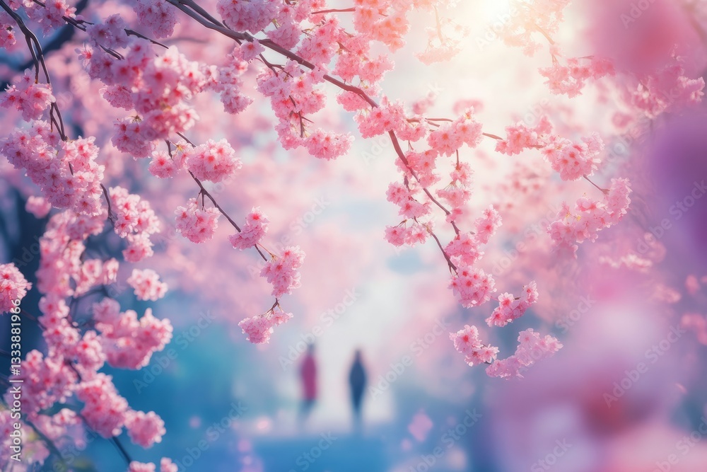 Spring blossoms fill the air with pink hues as visitors stroll through a tranquil park at sunset