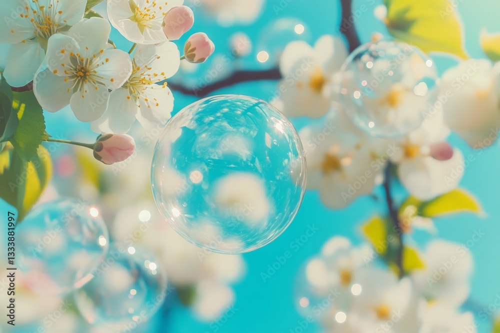 Captivating spring blossoms with delicate bubbles floating in a serene blue sky