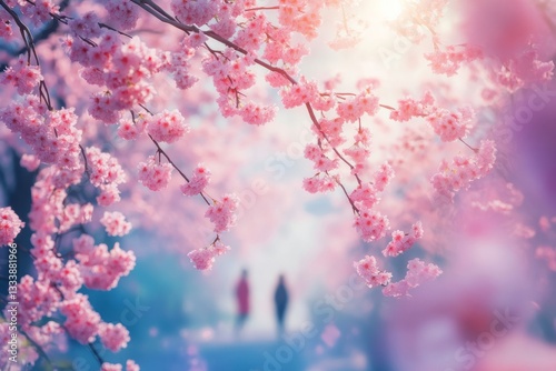 Obraz na płótnie Spring blossoms fill the air with pink hues as visitors stroll through a tranquil park at sunset w salonie