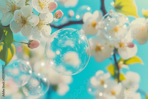 Obraz na płótnie Captivating spring blossoms with delicate bubbles floating in a serene blue sky w salonie