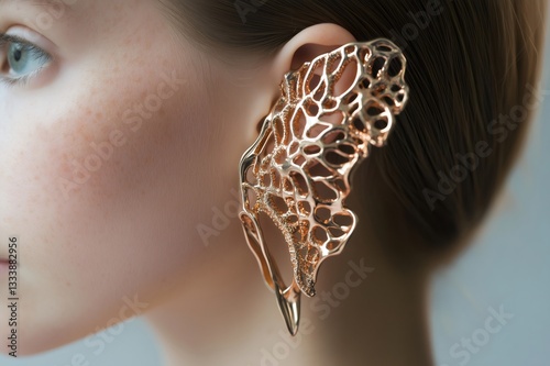 Close up of a model highlighting a large, intricate golden ear cuff resembling coral, merging nature with futuristic jewelry design