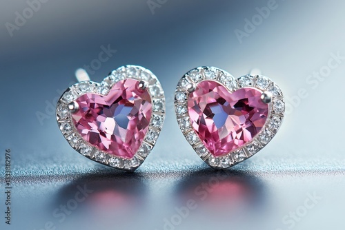 Pink gemstone earrings shaped like hearts, adorned with smaller surrounding gems, sparkle on a reflective surface, showcasing luxury and romance
