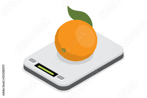 Digital electronic kitchen scale. Measuring the weight of the fruit orange. 3d vector flat isometric Illustration.
