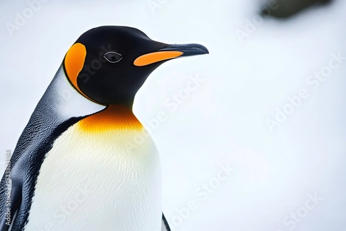 Close up of a king penguin facing right, showcasing its vibrant orange and black plumage against the stark white antarctic backdrop