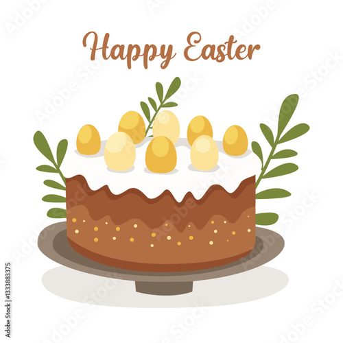 Easter Cake with Golden Eggs and Greenery with lettering Happy Easter.  Festive Holiday Illustration