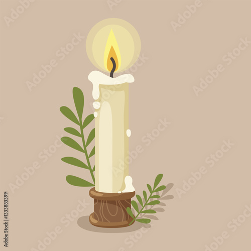 Burning candle decorated with green branches in flat style