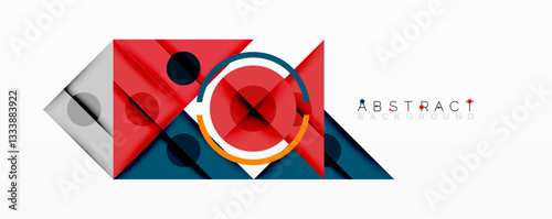 Geometric abstract design with layered triangles, circles, and gradients, forming a structured pattern with sharp contrasts and depth