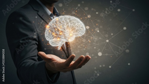 Businessman holding human brain and icon customer digital network with effective business mindset on paper texture background