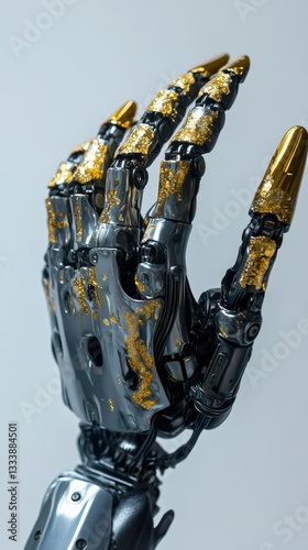 Metallic robotic hand with gold painted nails showing its open palm against a light gray background