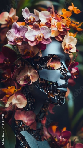 Close up of a futuristic robot with orchid flowers adorning its face, blending technology with nature in a vibrant display