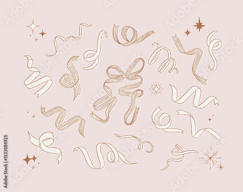 Ribbon variety shapes with swirl and stars collection drawing on beige background