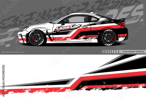 Car wrap design vector with black, white, red colour. Abstract decal livery. Sticker vinyl body car. Suitable for racing, drift, rally or daily use 