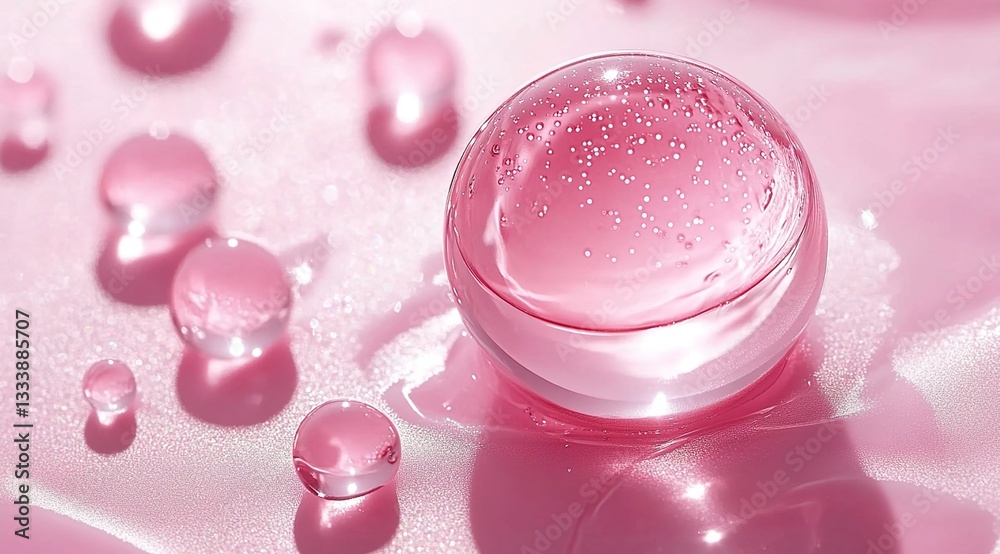 3D render of a translucent glass ball with a pink liquid inside, surrounded by pink liquid drops, against a pink background, with soft studio lighting 3D render of a translucent glass ball with a pink liquid inside, surrounded by pink liquid drops, against a pink background, with soft studio lighting