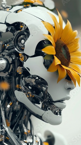 Close up of a white robot with intricate metallic details, gently holding a vibrant sunflower in its mouth, symbolizing the fusion of technology and nature