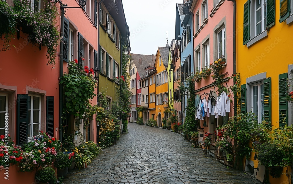 Naklejka premium Charming European cobblestone street, vibrant houses, blooming flowers, laundry hanging, picturesque scene, idyllic alleyway.