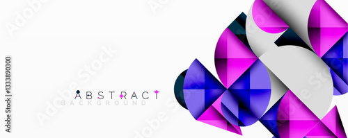 Abstract geometric design with intersecting circles, triangles, squares and sharp angles creating a layered composition with gradients, depth, and contrast