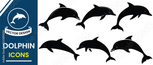 Dolphin icon, vector set. Silhouette of Dolphin vector. Fish icon, vector. Vector illustration.