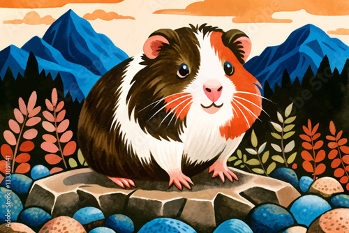 guinea pig in rocky mountains background abstract field