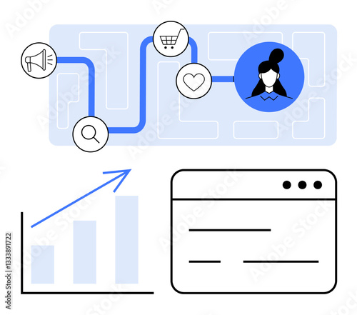 Connected icons for megaphone, search, shopping cart, heart, person, bar graph, and webpage frame. Ideal for marketing, sales customer engagement analytics planning networking strategy flat