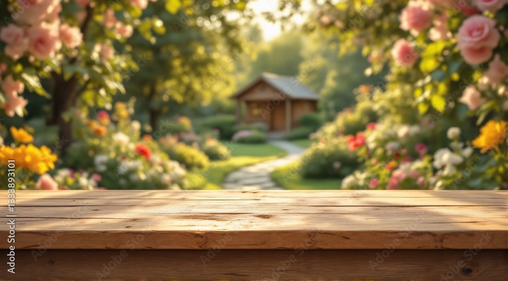 Fototapeta premium A clean wooden table with sharp focus in the foreground, with a cozy rural scene faintly visible in the background.
