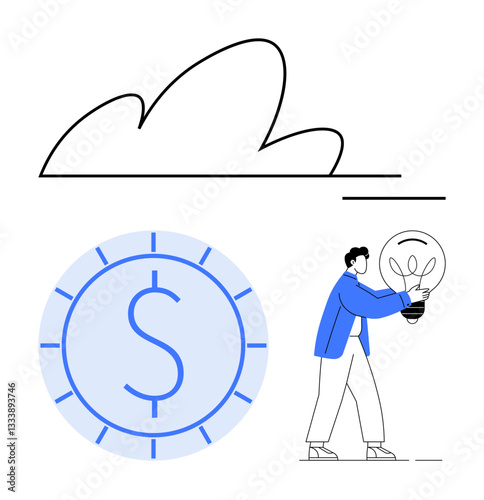 Man holding lightbulb with a sprouting plant as a creative idea, large coin with dollar sign, simple cloud outline. Ideal for finance, innovation, environment, sustainability, business, investment