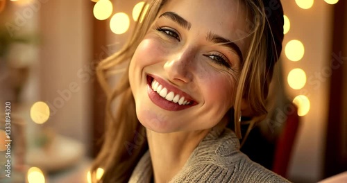 Smiling woman enjoying evening gathering with friends in cozy ambiance