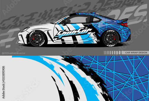 Car wrap design vector with black, white, blue colour. Abstract decal livery. Sticker vinyl body car. Suitable for racing, drift, rally or daily use 