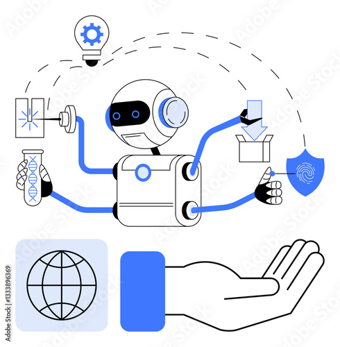 Robot with multiple arms handling DNA analysis, file management, fingerprint security, and idea innovation. Ideal for technology, AI, automation, science security data efficiency. Flat simple