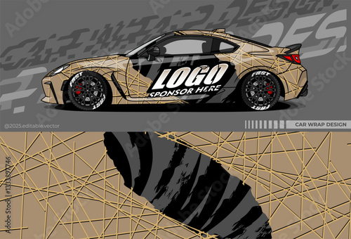 Car wrap design vector with black, gold, white colour. Abstract decal livery. Sticker vinyl body car. Suitable for racing, drift, rally or daily use 