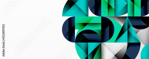 Modern abstract composition with layered circles and angular segments featuring gradients, transparency effects, and a structured geometric layout