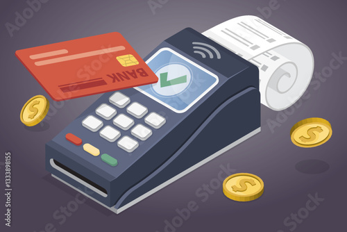 3d isometric vector illustration of contactless POS terminal bank payment. Coins, credit card and bill receipt.