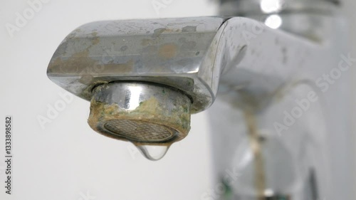 Water is dripping from a damaged faucet. The old faucet was covered with lime scale due to poor water quality and hard water. Useless use of water. Plumbing problems. 4k