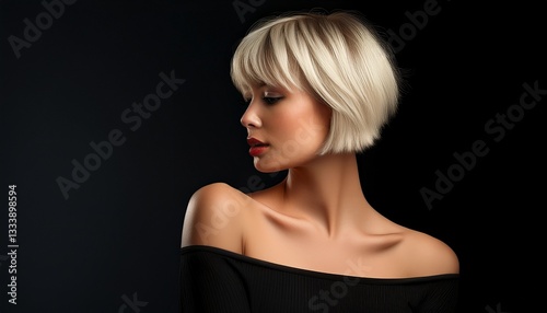 studio portrait of a blonde woman looking left with short hair wearing a low cut black top on a black background, fashion photography