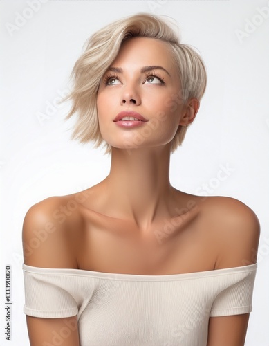 studio portrait of a blonde woman looking up with short hair wearing a low cut white top on a white background, fashion photography