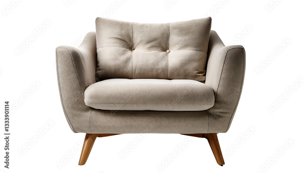 Cozy Armchair, a plush, fabric-upholstered armchair with wooden legs, having a cushion isolated on transparent background. Cozy Armchair, a plush, fabric-upholstered armchair with wooden legs, having a cushion isolated on transparent background.