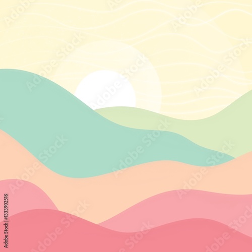 Abstract landscape with rolling hills in pastel colors and sunshine in the background, evoking a sense of tranquility and serenity.