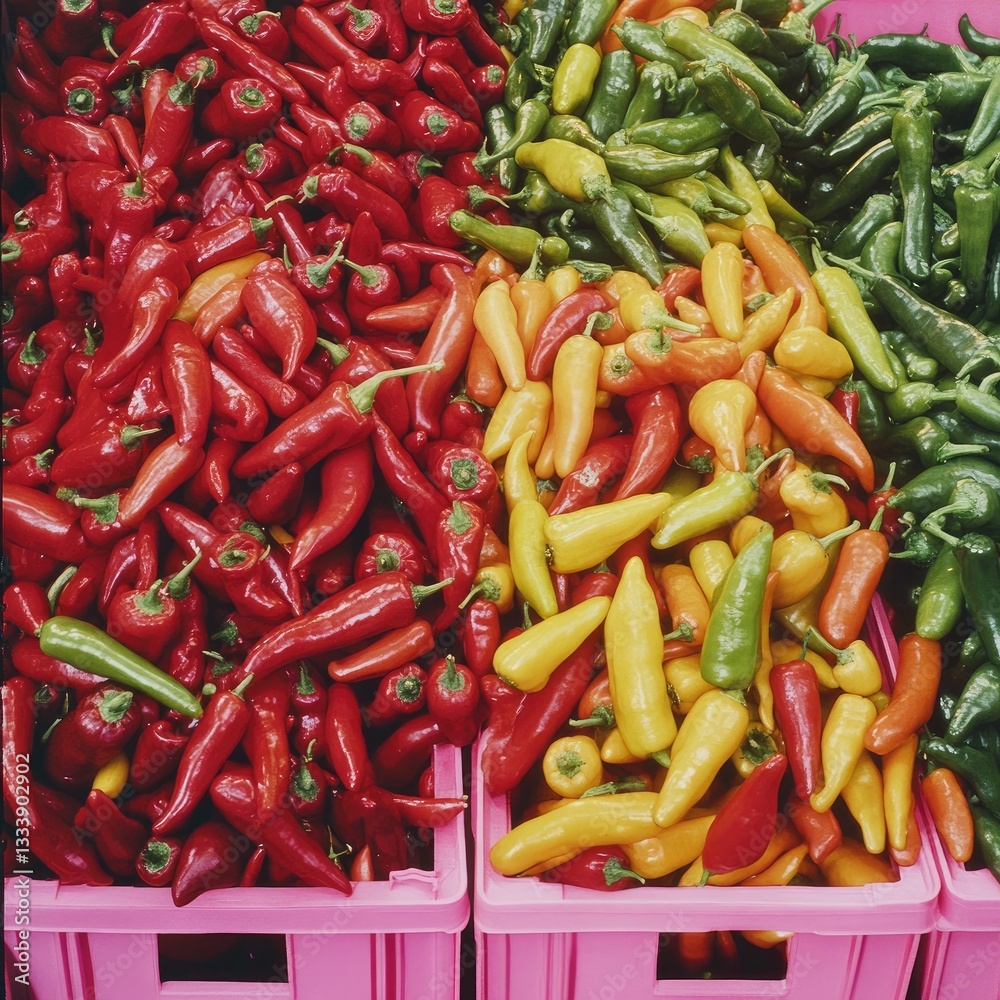 Colorful peppers piled high in pink crates at a market Colorful peppers piled high in pink crates at a market