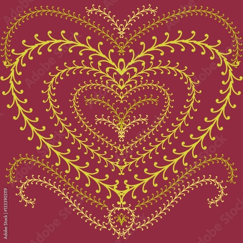 Ornate yellow gold heart pattern on a red background. swirl mandala ornament.