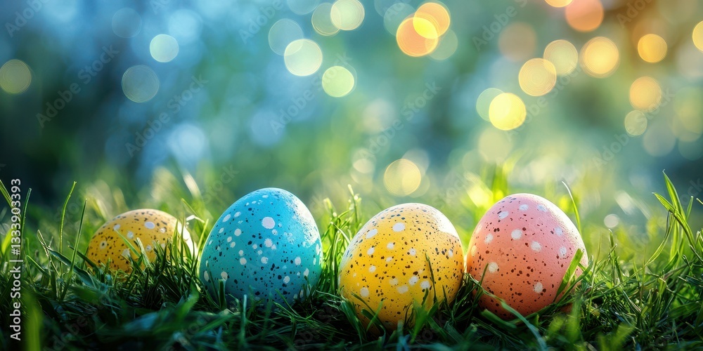 Colorful Easter eggs arranged on green grass under a sparkling background in springtime Colorful Easter eggs arranged on green grass under a sparkling background in springtime