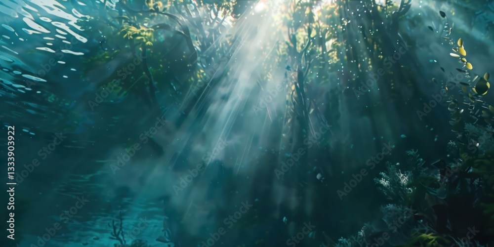 Obraz premium Underwater seaweed sunbeam shine surface reflection photography.