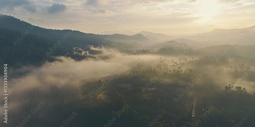 Naklejka premium Aerial view of morning mist over tropical forest with soft sunlight