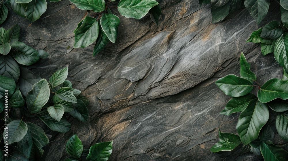 Obraz premium Lush Green Leaves on Dark Stone Background Nature Image