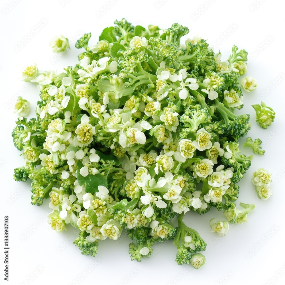 Fresh broccoli florets and flowers, studio shot, isolated on white background Fresh broccoli florets and flowers, studio shot, isolated on white background